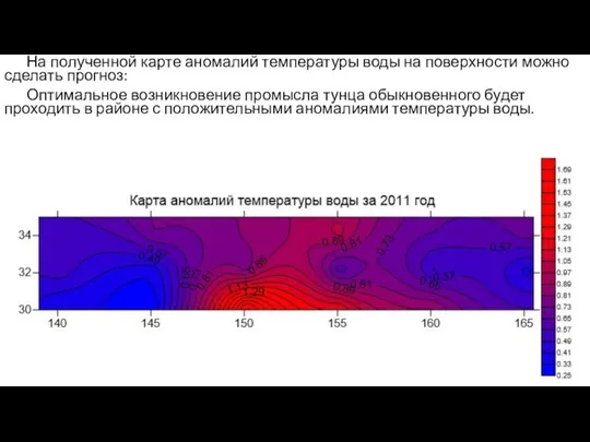 На полученной карте аномалий температуры воды на поверхности можно сделать прогноз: