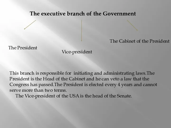 The executive branch of the Government The President Vice-president The Cabinet