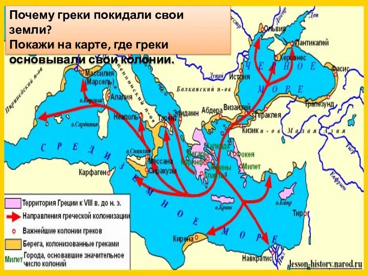 Почему греки покидали свои земли? Покажи на карте, где греки основывали свои колонии.