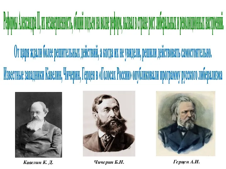 Реформы Александра II, их незавершенность, общий подъем на волне реформ, вызвал