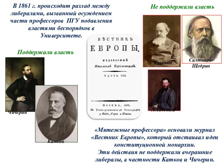 «Мятежные профессора» основали журнал «Вестник Европы», который отстаивал идеи конституционной монархии.