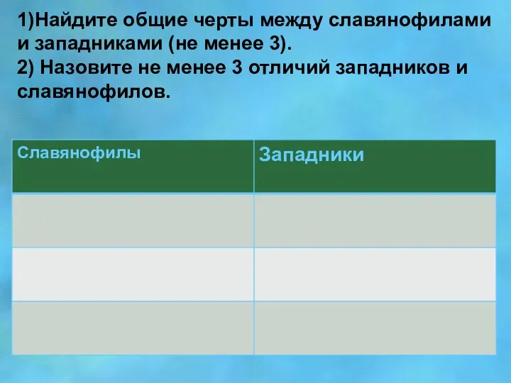 1)Найдите общие черты между славянофилами и западниками (не менее 3). 2)