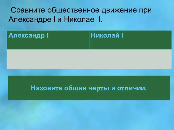 Сравните общественное движение при Александре l и Николае l. Назовите общин черты и отличии.