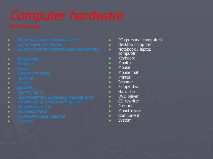 Computer hardware Компьютеры ПК (персональный компьютер) Настольный компьютер Ноутбук/лэптоп (портативный компьютер)