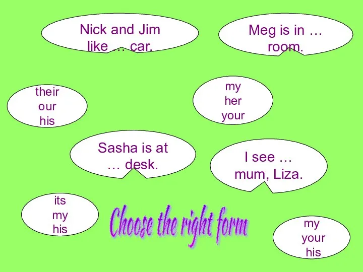 Nick and Jim like … car. their our his Meg is