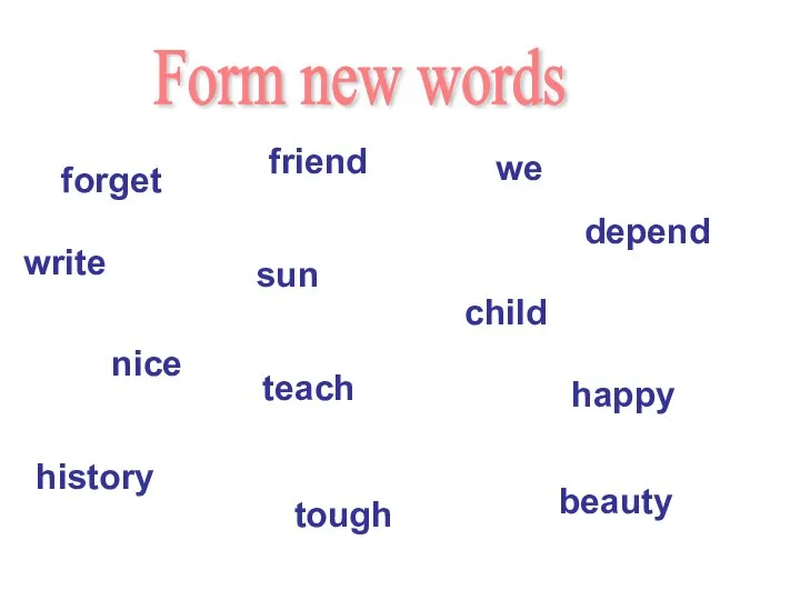 Form new words forget write we nice history friend sun teach depend child tough happy beauty