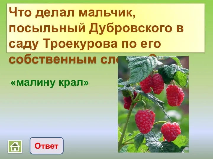 Что делал мальчик, посыльный Дубровского в саду Троекурова по его собственным словам? Ответ «малину крал»