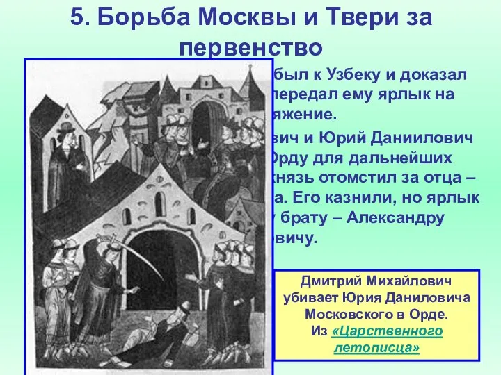 5. Борьба Москвы и Твери за первенство Сын Михаила Дмитрий прибыл