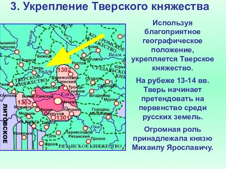 3. Укрепление Тверского княжества Используя благоприятное географическое положение, укрепляется Тверское княжество.
