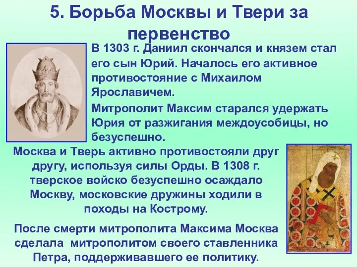 5. Борьба Москвы и Твери за первенство В 1303 г. Даниил