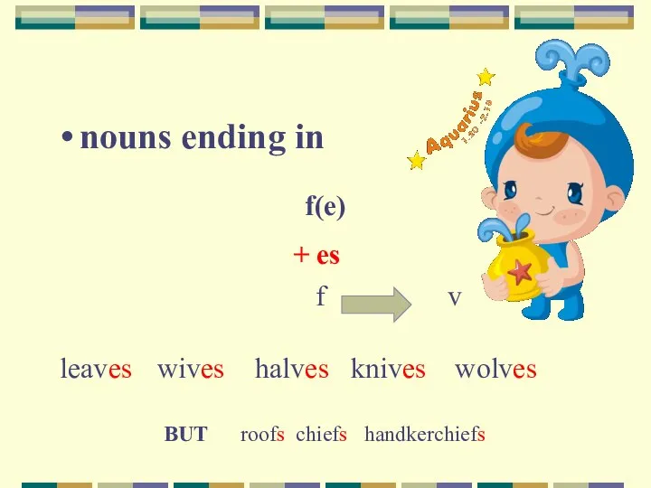 nouns ending in f(e) + es leaves wives halves knives wolves