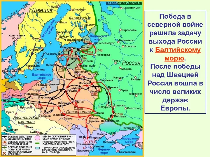 Победа в северной войне решила задачу выхода России к Балтийскому морю.
