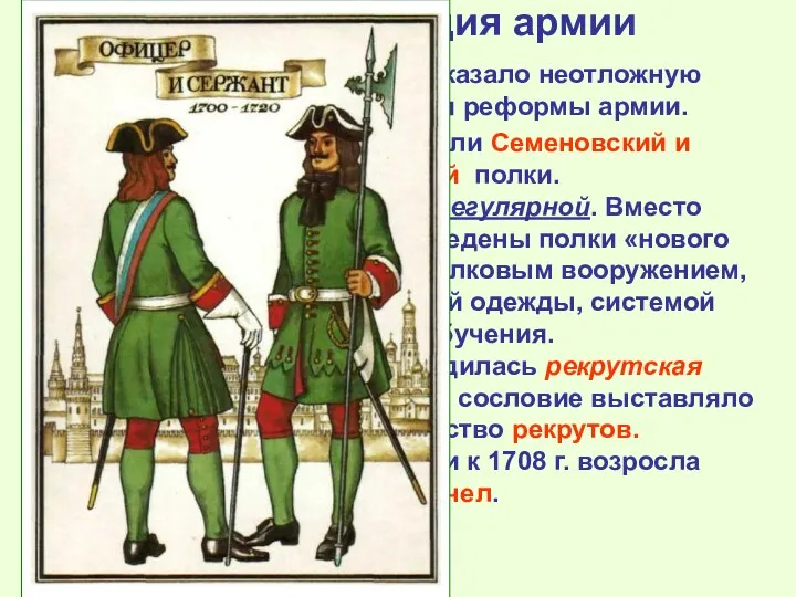 2. Реорганизация армии Поражение под Нарвой показало неотложную необходимость ускорения реформы