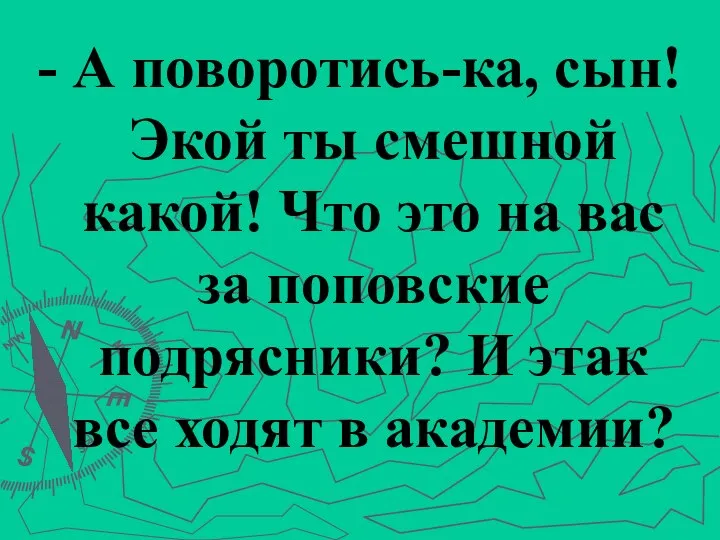 - А поворотись-ка, сын! Экой ты смешной какой! Что это на