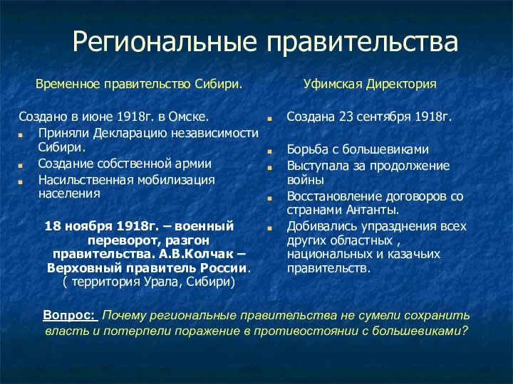 Региональные правительства Временное правительство Сибири. Создано в июне 1918г. в Омске.