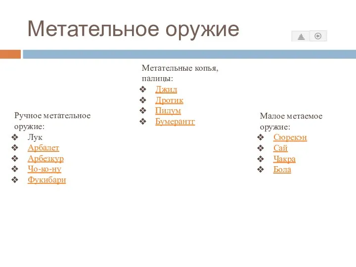 Метательное оружие Метательные копья, палицы: Джид Дротик Пилум Бумерантг Малое метаемое