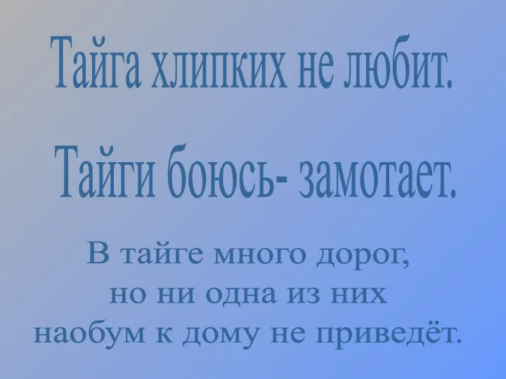 Тайга хлипких не любит. Тайги боюсь- замотает. В тайге много дорог,