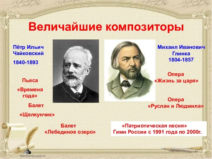 Величайшие композиторы Пётр Ильич Чайковский 1840-1893 Михаил Иванович Глинка 1804-1857 Пьеса