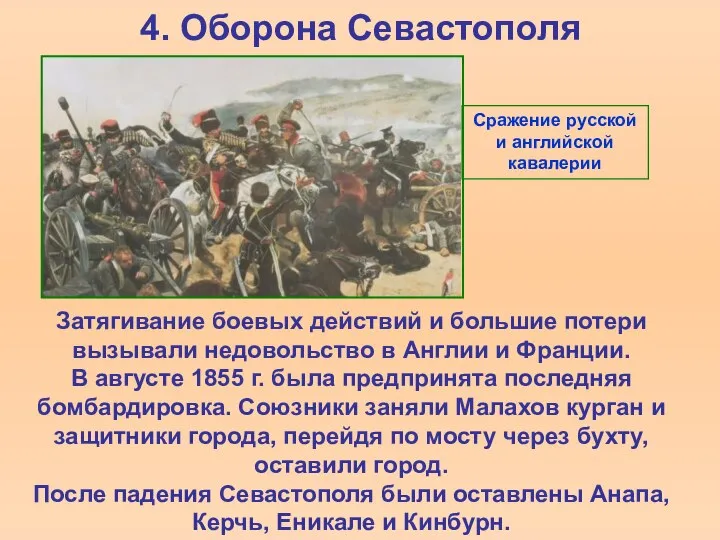 4. Оборона Севастополя Затягивание боевых действий и большие потери вызывали недовольство