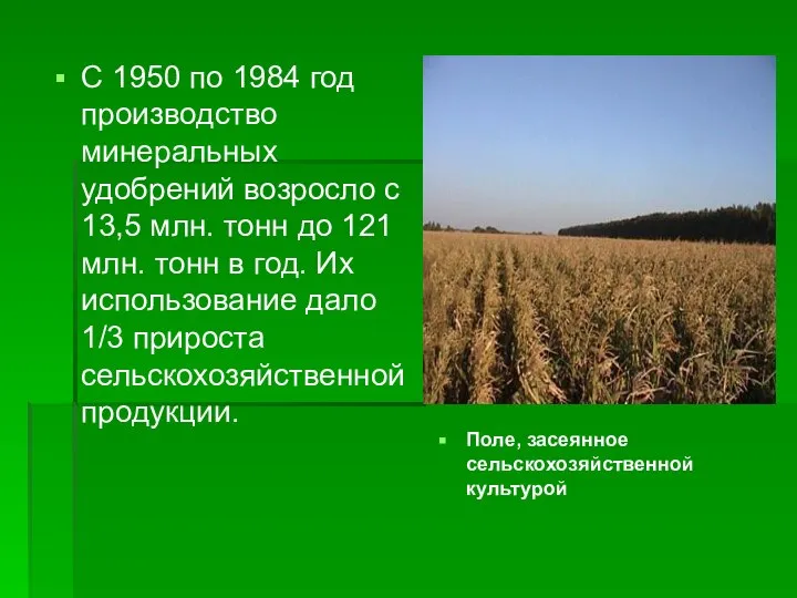 С 1950 по 1984 год производство минеральных удобрений возросло с 13,5