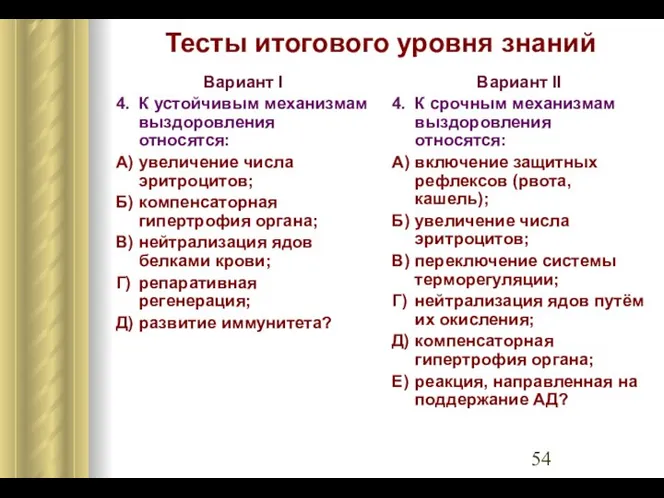 Тесты итогового уровня знаний Вариант I 4. К устойчивым механизмам выздоровления