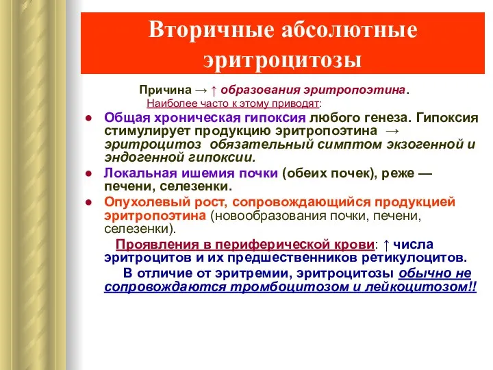 Вторичные абсолютные эритроцитозы Причина → ↑ образования эритропоэтина. Наиболее часто к