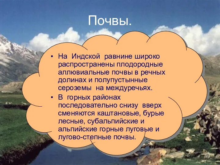 Почвы. На Индской равнине широко распространены плодородные аллювиальные почвы в речных