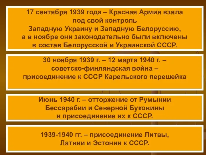 1939-1940 гг. – присоединение Литвы, Латвии и Эстонии к СССР. 17