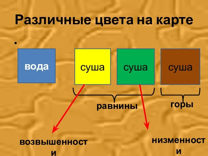 Различные цвета на карте вода суша суша суша равнины горы низменности возвышенности