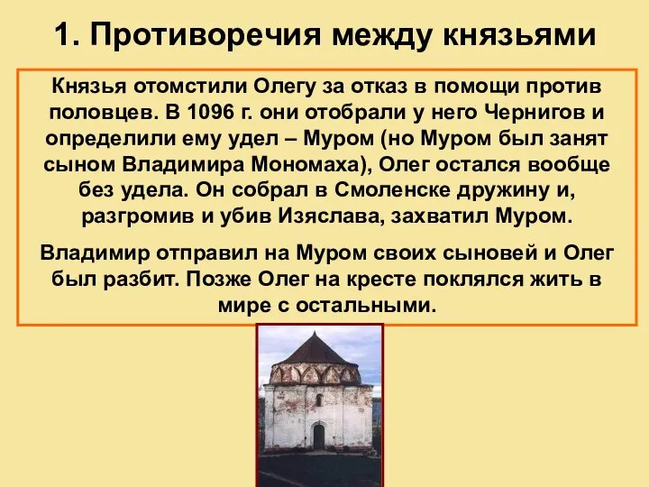 1. Противоречия между князьями Князья отомстили Олегу за отказ в помощи