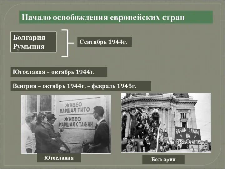 Начало освобождения европейских стран Болгария Румыния Сентябрь 1944г. Югославия – октябрь