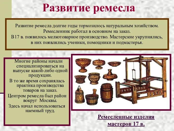 Развитие ремесла Многие районы начали специализироваться на выпуске какой-либо одной продукции.