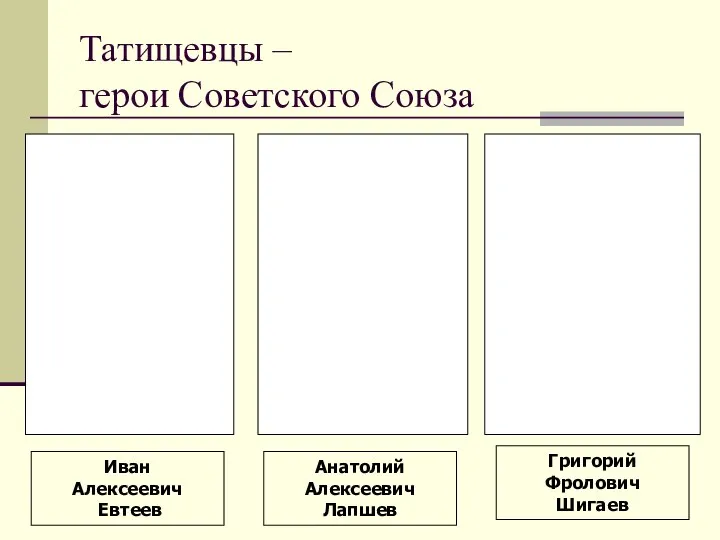 Татищевцы – герои Советского Союза Иван Алексеевич Евтеев Анатолий Алексеевич Лапшев Григорий Фролович Шигаев