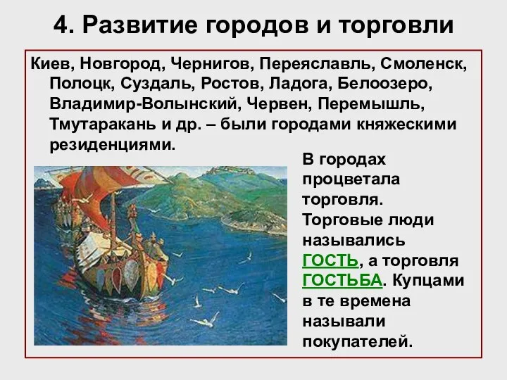 4. Развитие городов и торговли Киев, Новгород, Чернигов, Переяславль, Смоленск, Полоцк,