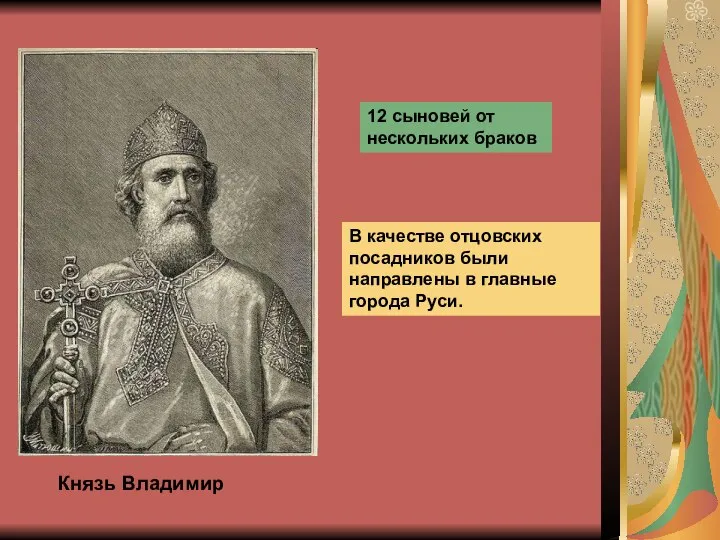 Князь Владимир 12 сыновей от нескольких браков В качестве отцовских посадников