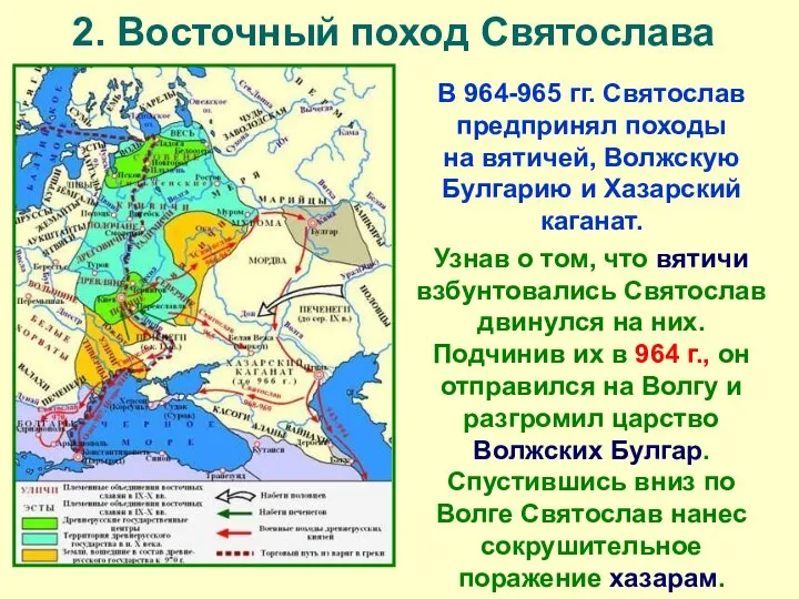 2. Восточный поход Святослава В 964-965 гг. Святослав предпринял походы на