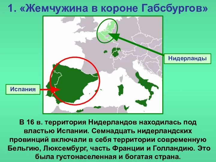 1. «Жемчужина в короне Габсбургов» Нидерланды В 16 в. территория Нидерландов