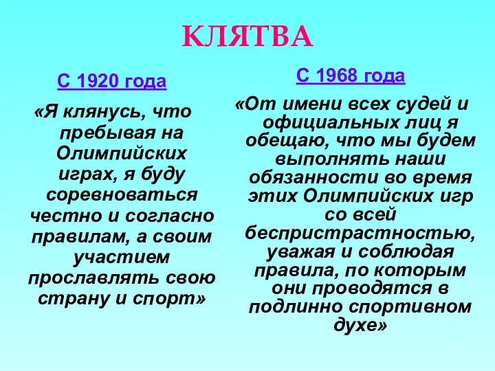 КЛЯТВА С 1920 года «Я клянусь, что пребывая на Олимпийских играх,