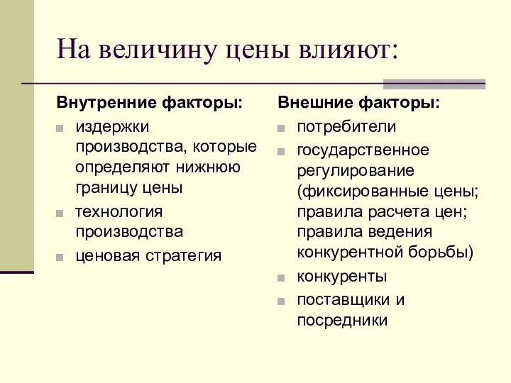 На величину цены влияют: Внутренние факторы: издержки производства, которые определяют нижнюю