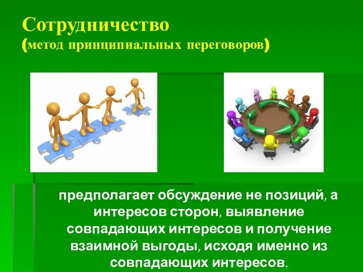 Сотрудничество (метод принципиальных переговоров) предполагает обсуждение не позиций, а интересов сторон,