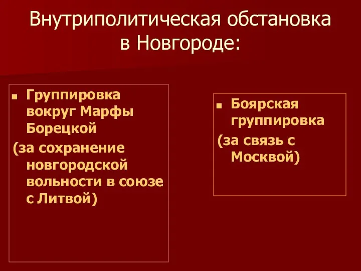 Внутриполитическая обстановка в Новгороде: Группировка вокруг Марфы Борецкой (за сохранение новгородской