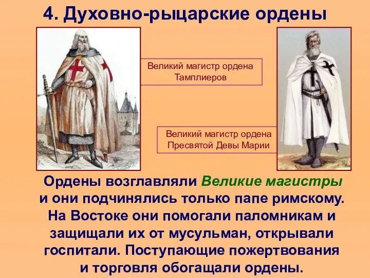 4. Духовно-рыцарские ордены Ордены возглавляли Великие магистры и они подчинялись только