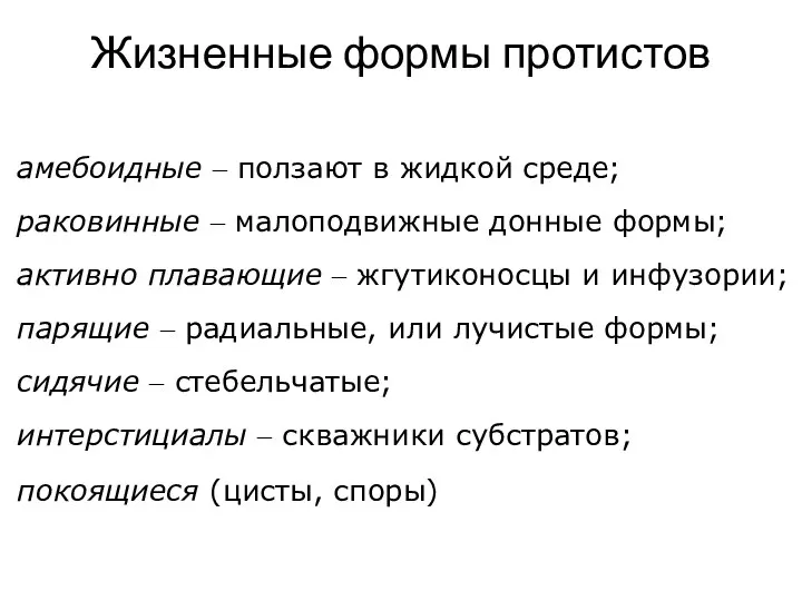 Жизненные формы протистов амебоидные – ползают в жидкой среде; раковинные –