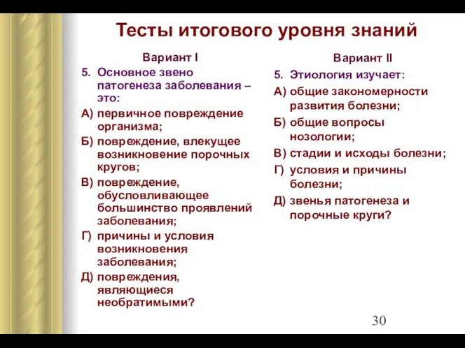 Тесты итогового уровня знаний Вариант I 5. Основное звено патогенеза заболевания