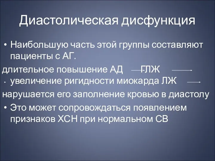 Диастолическая дисфункция Наибольшую часть этой группы составляют пациенты с АГ. длительное