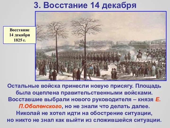 3. Восстание 14 декабря Остальные войска принесли новую присягу. Площадь была