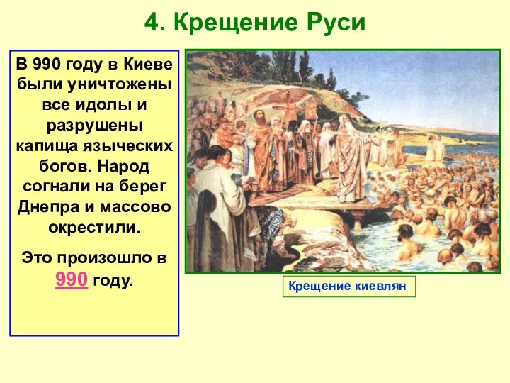 4. Крещение Руси Крещение киевлян В 990 году в Киеве были