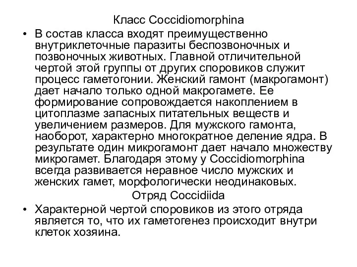 Класс Coccidiomorphina В состав класса входят преимущественно внутриклеточные паразиты беспозвоночных и