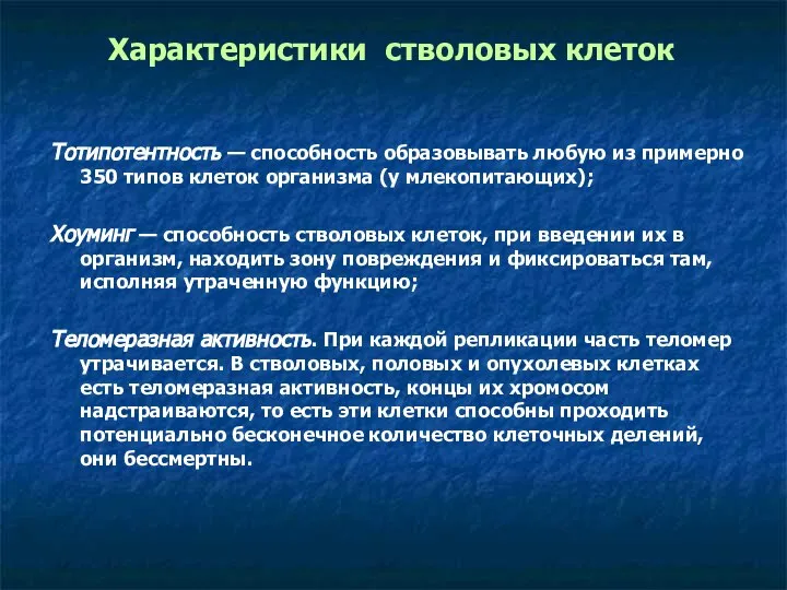 Характеристики стволовых клеток Тотипотентность — способность образовывать любую из примерно 350