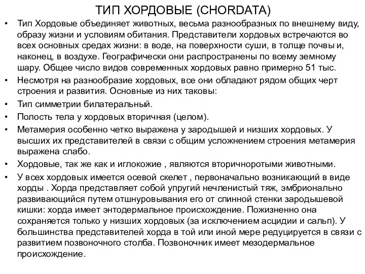 ТИП ХОРДОВЫЕ (CHORDATA) Тип Хордовые объединяет животных, весьма разнообразных по внешнему